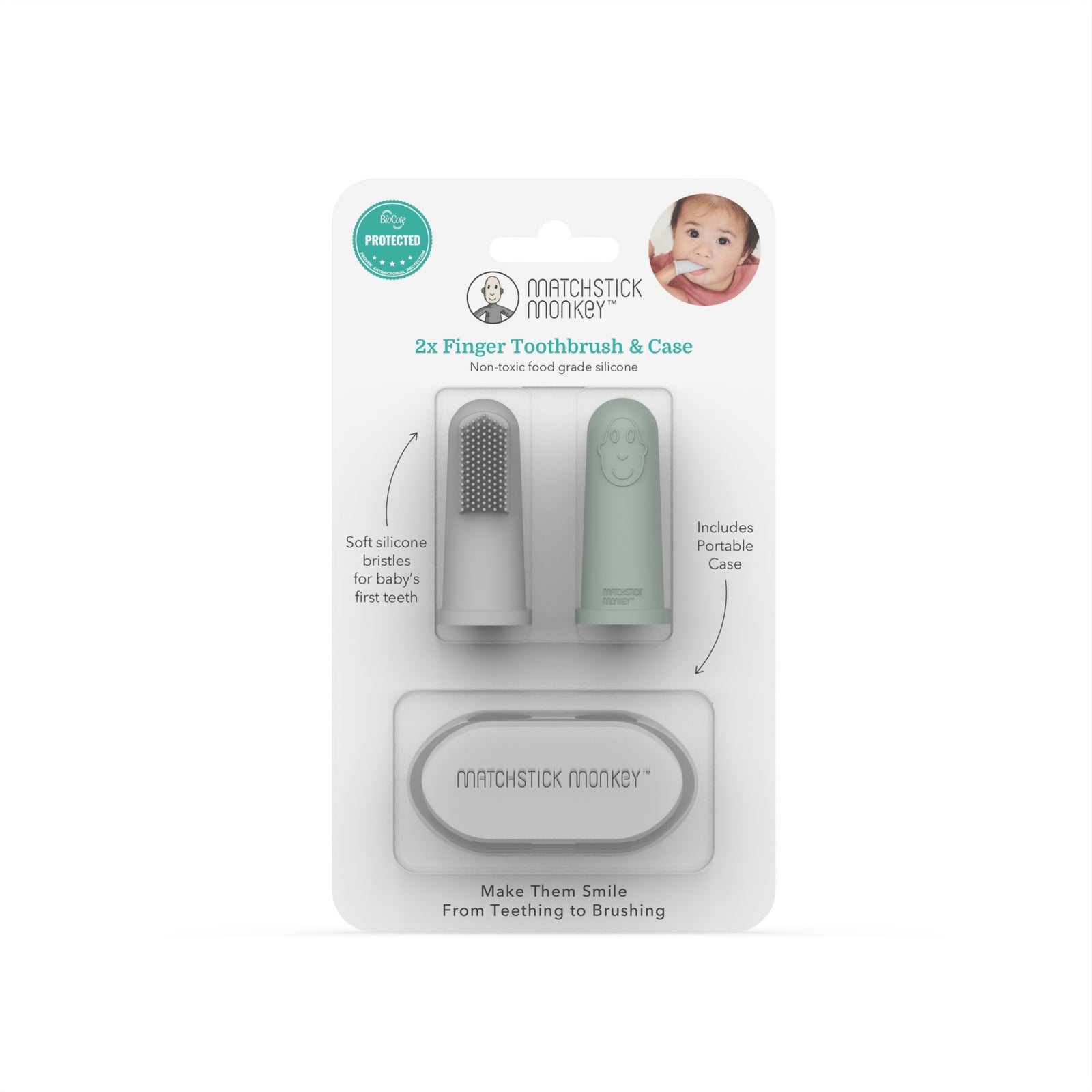 Grey and Mint Green Finger Toothbrush with carry case