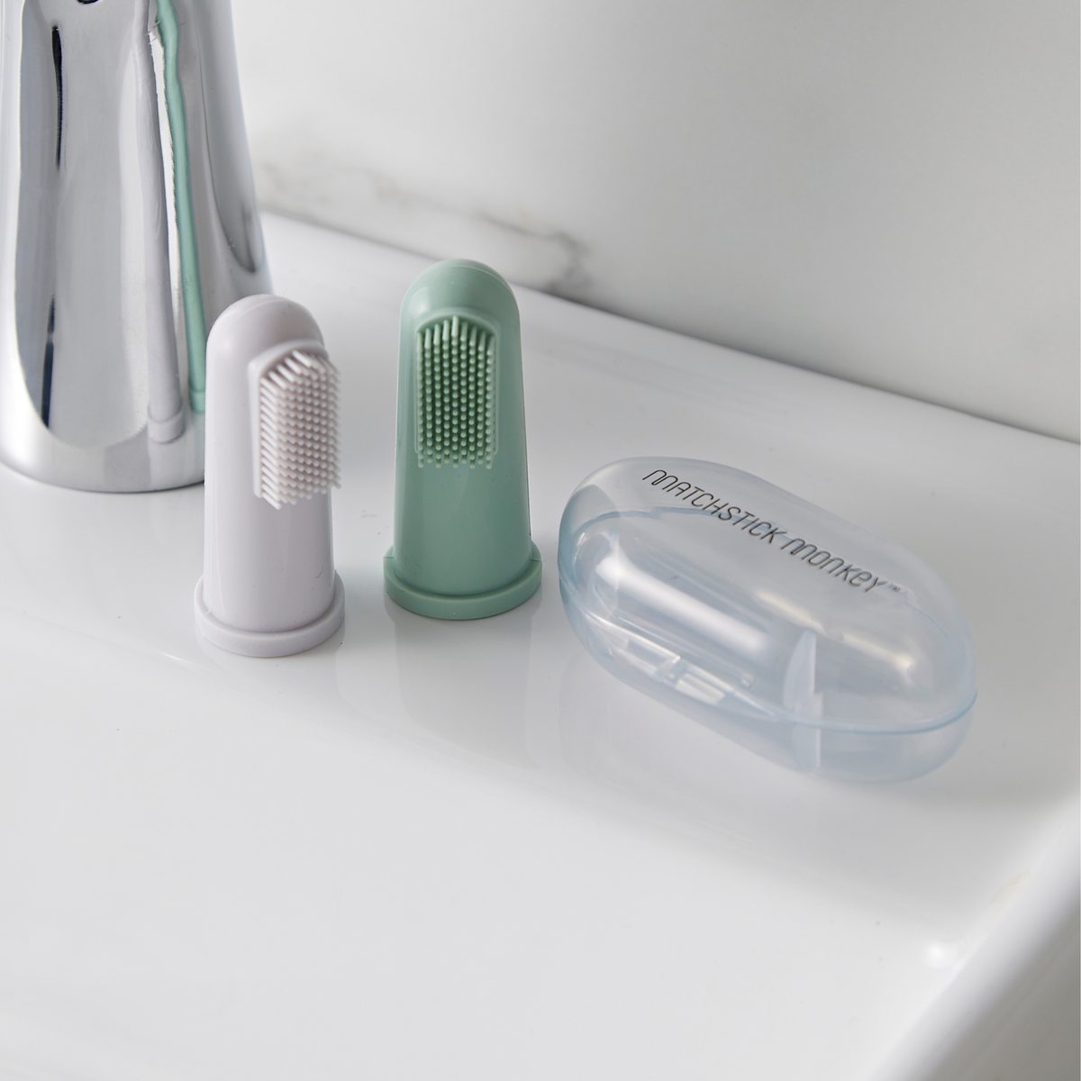 Grey and Mint Green Finger Toothbrush with carry case