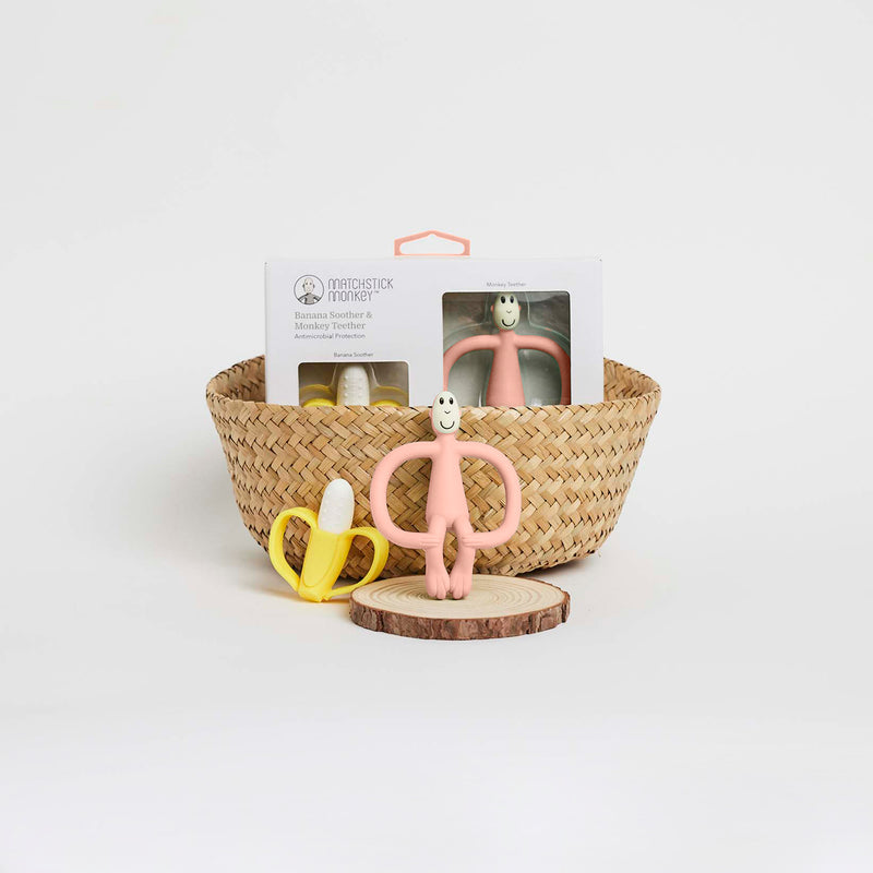 Monkey Teether & Banana Gift Set Dusty Pink