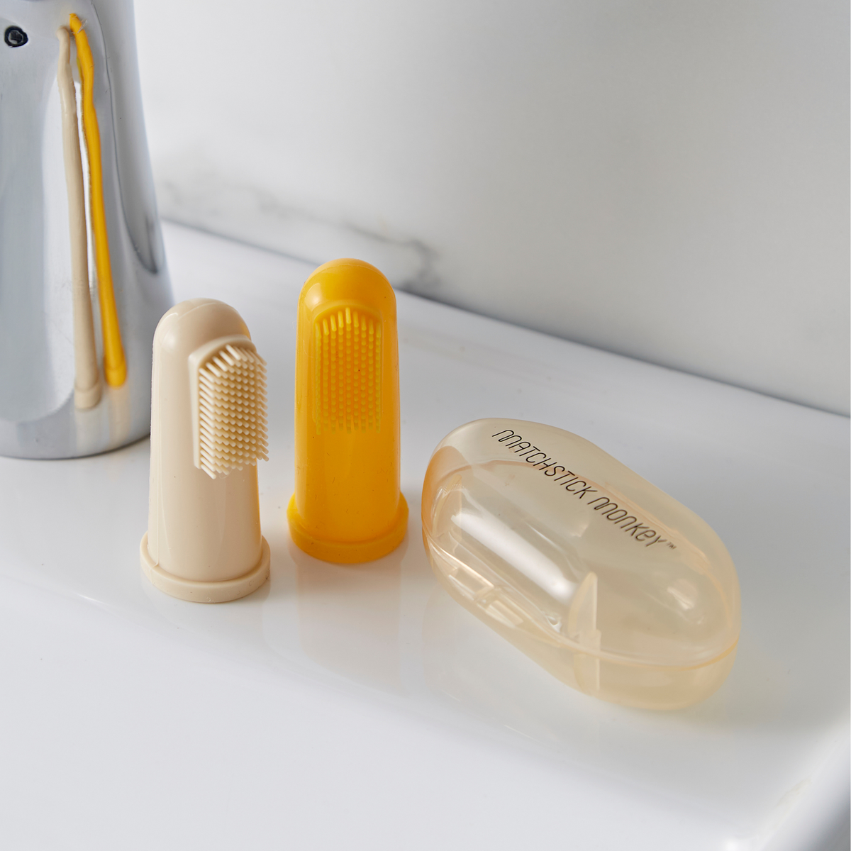 Yellow & Beige Finger Toothbrush with carry case