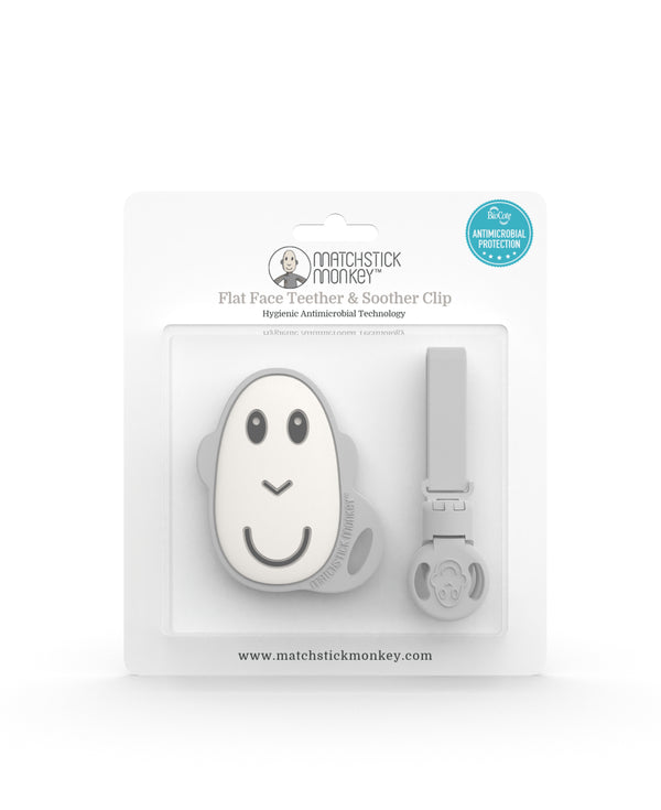 Cool Grey Flat Face Teether & Soother Clip Set